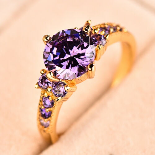 White Gold Round Cut Purple Amethyst Gem Wedding Band Ring Women Gift Size 6-10